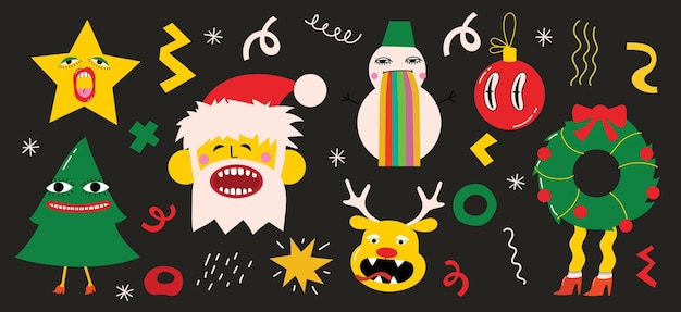 Веселого Рождества и счастливого Нового 2023 года Векторные модные абстрактные иллюстрации праздничной открытки с оленем Санта-Клауса, сумасшедшие геометрические фигуры, елка и венок для плаката
