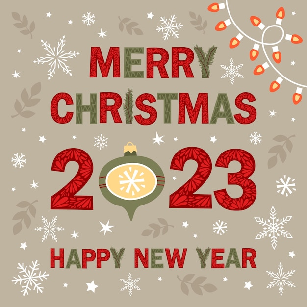 Merry Christmas and Happy New Year 2023 with different winter elements Cute hand drawn illustration