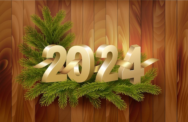 메리 크리스마스, 해피 뉴 이어 2024년 나무 배경 벡터에 크리스마스 트리의 금색 리본 가지가 있는 황금 3D 숫자