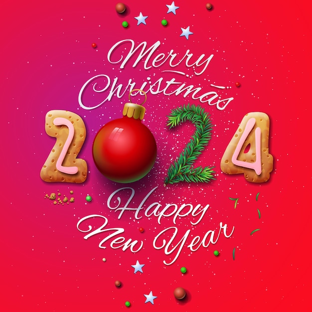 Merry Christmas and Happy New Year 2024 greeting card hand written vector illustration