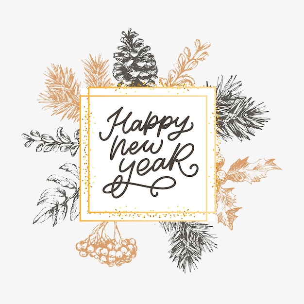 Merry christmas and happy new year abstract botanical card with square frame banner and modern typog