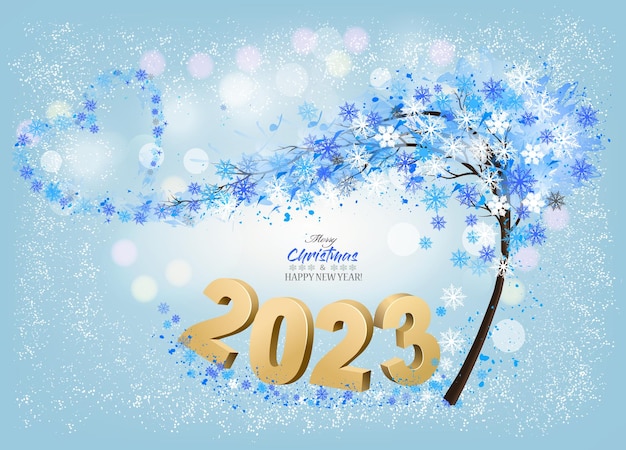 Merry Christmas and Happy New Year Background with 2023 letters and christmas tree with heart shaped snowflakes Vector