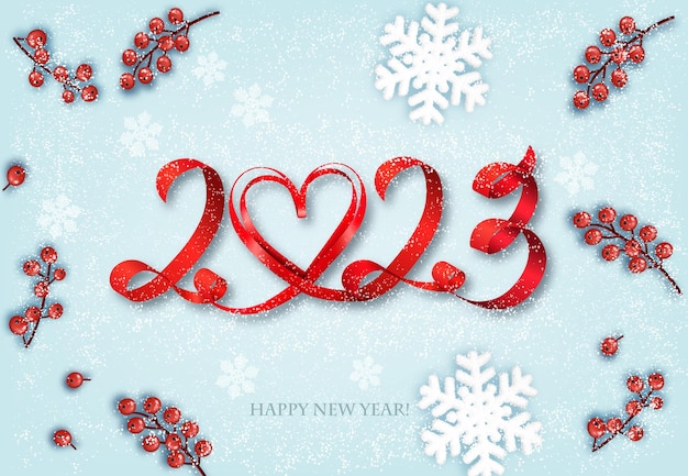 Buon natale e felice anno nuovo sfondo con 2023 lettere e cuore fatto da fiocchi di neve a nastro rosso e vettore di bacche rosse