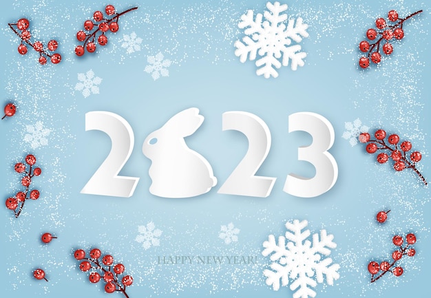 メリー クリスマスと幸せな新年の背景に 2023 文字の赤い果実と雪片うさぎの年コンセプト