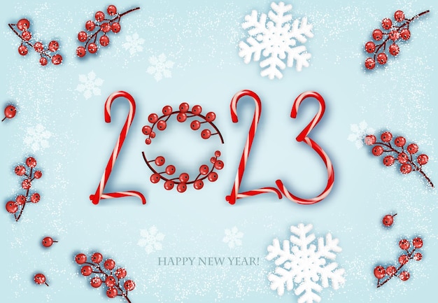 Buon natale e felice anno nuovo sfondo con un bastoncino di zucchero 2023 bacche rosse e fiocchi di neve vector
