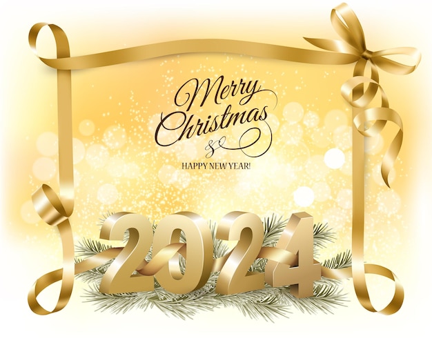 Merry Christmas and Happy New Year background with a 2024 numbers and branch of tree Vector