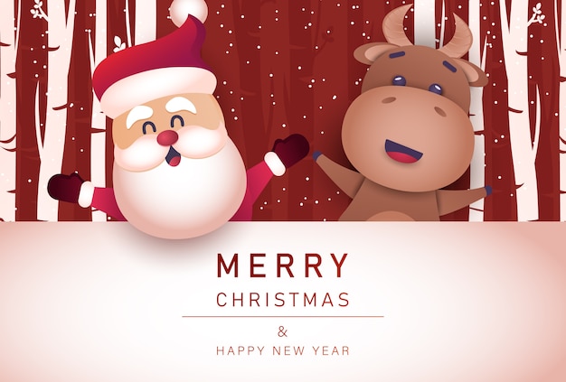 Merry Christmas and happy new year background with bull and santa