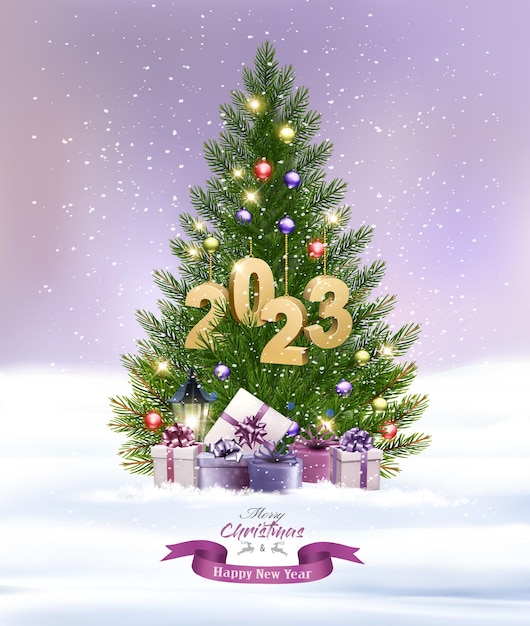 Merry Christmas and Happy New Year background with Christmas tree and colorful gift boxes and golden letters 2023 Vector