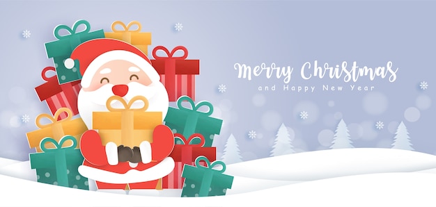 Merry christmas and happy new year background with cute santa and a gift boxes .