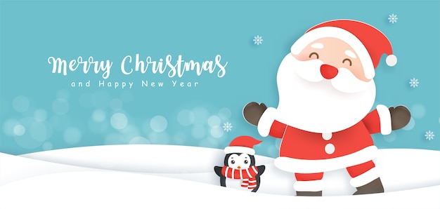 Buon natale e felice anno nuovo sfondo con babbo natale carino e un pinguino.