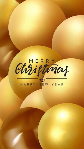 Merry Christmas and Happy New Year. Background with realistic 3d render golden round balls, yellow sphere, brown pearls pattern. Vector illustration.