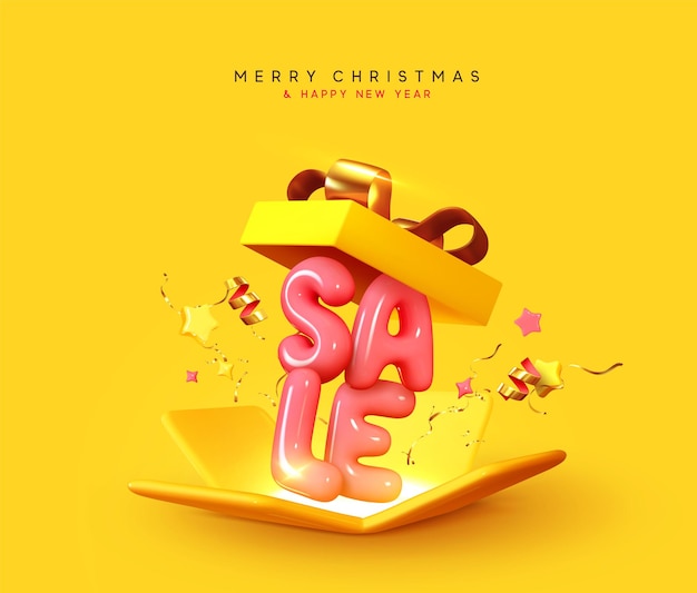 Merry christmas and happy new year. background with realistic 3d yellow open gifts box. xmas sale present. holiday decorative boxes. festive gift surprise. golden glitter confetti. vector illustration