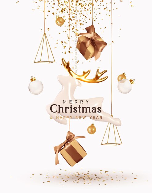 Vector merry christmas and happy new year. background with realistic festive gifts box. porcelain figurines of beautiful white deer. christmas poster, holiday banner, flyer, stylish brochure, greeting card