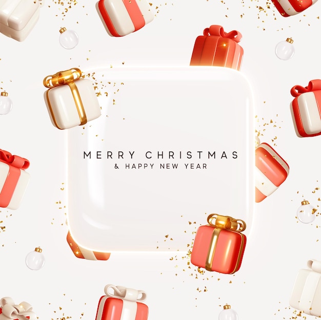 Merry christmas and happy new year. background with realistic festive gifts box. xmas present. blue boxes fall effect. holiday gift surprise banner, web poster, flyer, stylish brochure, greeting card