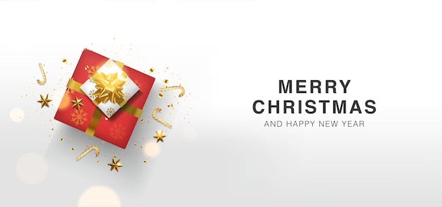 Merry christmas and happy new year background with realistic gifts box greeting card in top view