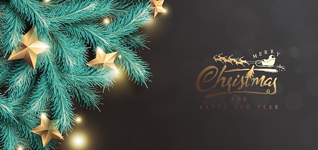 merry Christmas and happy New Year background  with Realistic tree Branches and gold stars.