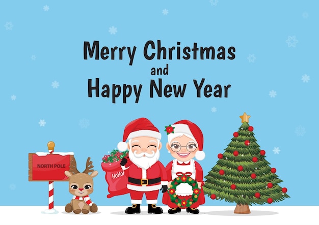 Merry Christmas and Happy New Year Background with Santa Claus holding gift box bag and his Wife holding Christmas wreath and Cute Reindeer Cartoon Character design vector