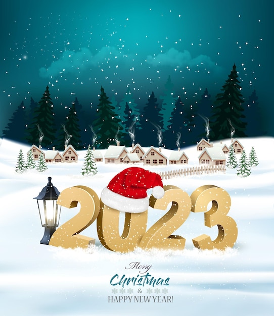 Merry Christmas and Happy New Year background with winter village and golden letters 2023 Vector