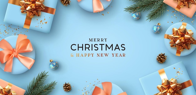 즐거운 성탄절 보내시고 새해 복 많이 받으세요. 현실적인 선물 상자, 3d 값싼 공, 반짝이는 금색 색종이 조각의 배경 Xmas 디자인. 크리스마스 포스터, 인사말 카드. 평면도, 평면도. 휴일 구성