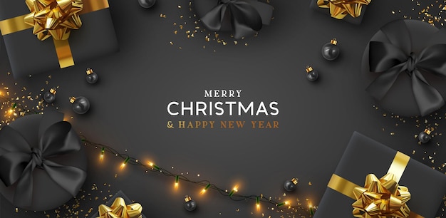 Merry Christmas and Happy New Year. Background Xmas design of realistic gifts box, 3d bauble balls, glitter gold confetti. Christmas poster, greeting cards. Flat lay, top view. Holiday composition