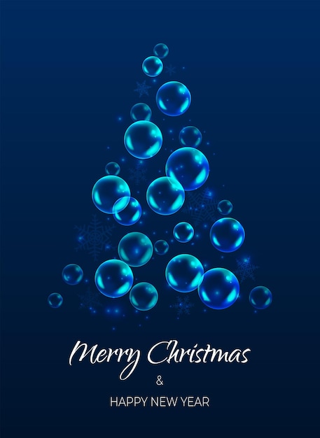 Vector merry christmas and happy new year balls fizz in tree shape night blue sky with snowflakes bubbles