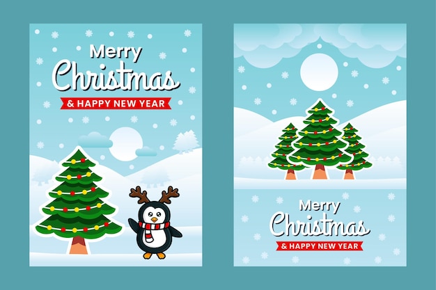 ペンギンとメリークリスマスと新年あけましておめでとうございますバナーデザインテンプレート