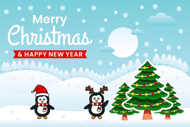 Vettore buon natale e felice anno nuovo banner modello di progettazione con pinguini