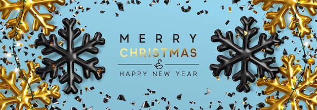 メリー クリスマスと新年あけましておめでとうございますバナー。金と黒のスノーフレーク体積、金色と暗い紙吹雪、見掛け倒し、花輪の現実的なクリスマス ライト。お祝いコンポジション装飾 3 d レンダリング オブジェクト