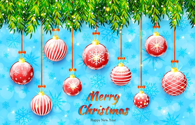 Merry Christmas and Happy New Year banner Holiday vector illustration with Christmas tree branches and Christmas balls on blue background