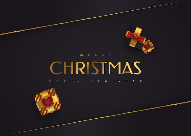 Merry christmas and happy new year banner or poster. elegant christmas greeting card in black and gold with luxury gift box