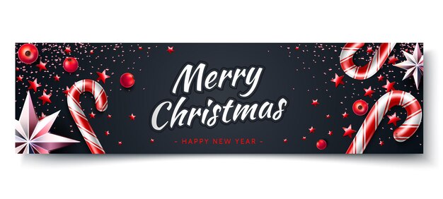 Vettore banner di buon natale e felice anno nuovo fiocco di neve realistico stelle bastoncini di zucchero di natale sul nero