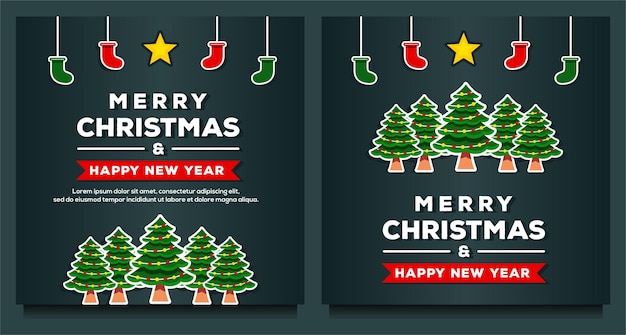 Modello di banner di buon natale e felice anno nuovo con albero di natale