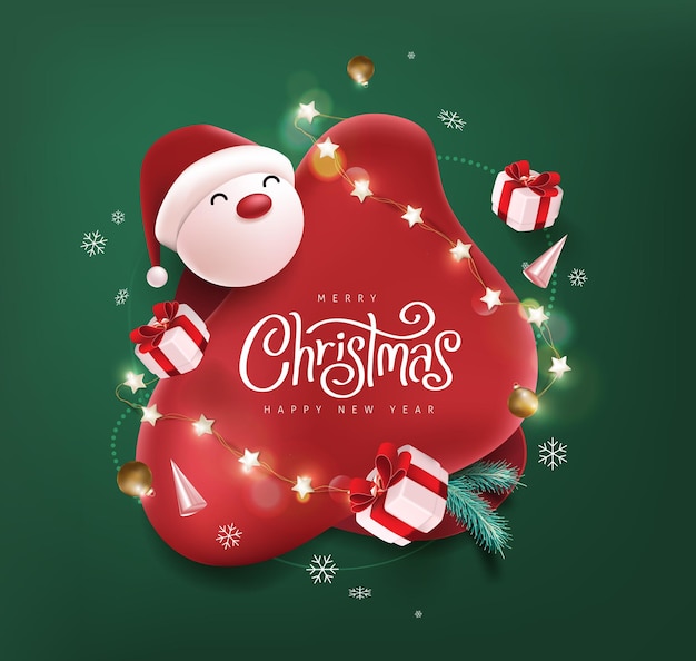 Buon natale e felice anno nuovo banner con simpatico babbo natale e decorazioni festive per natale