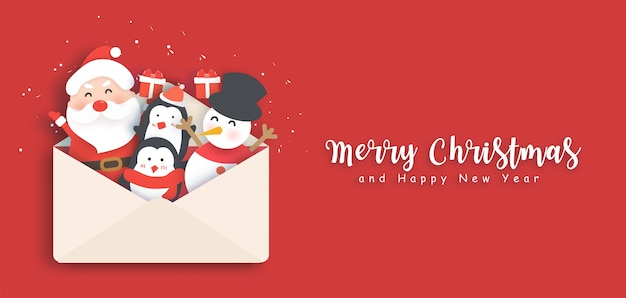 Buon natale e felice anno nuovo banner con babbo natale carino e amici.