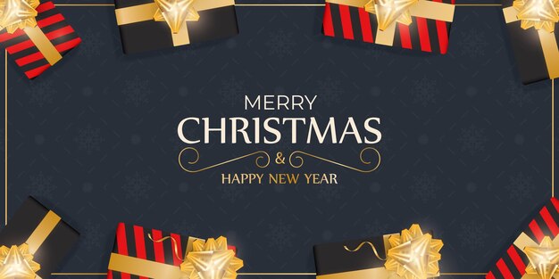 Merry Christmas and Happy New Year banner with dark blue flowers. Vector.