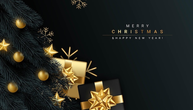 Merry Christmas and Happy New Year on Black Background Illustration