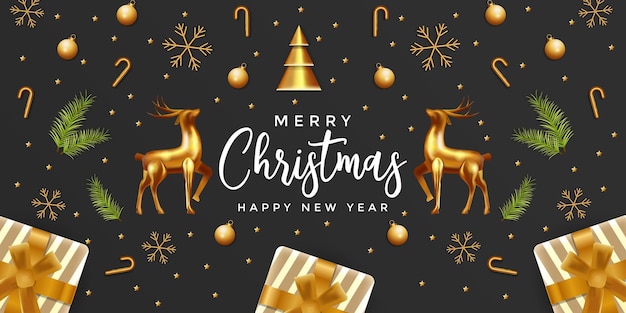 Merry christmas and happy new year on black background with golden color ornament christmas