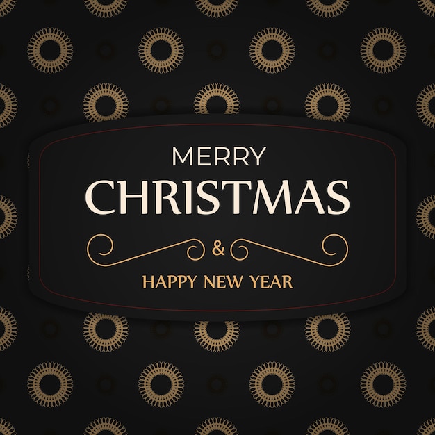 Merry Christmas and Happy New Year Black Color Greeting Flyer Template with Abstract Orange Ornament