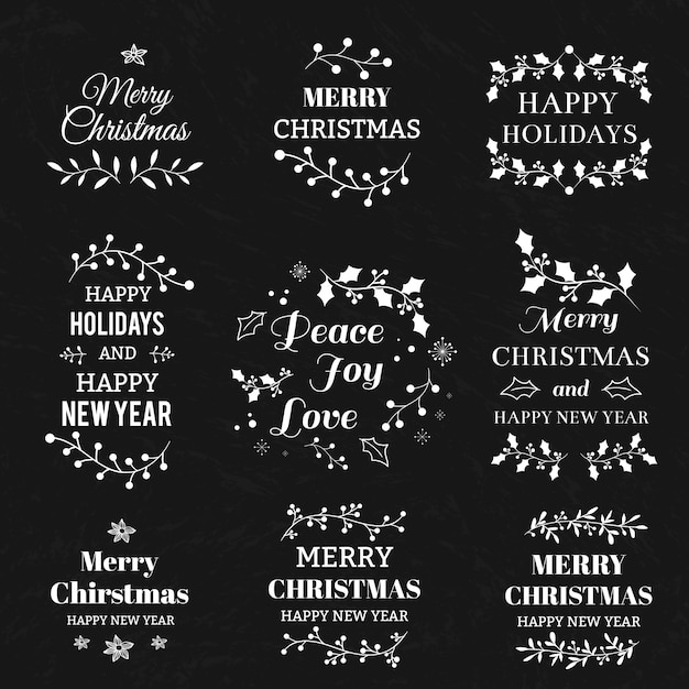 Vettore buon natale e felice anno nuovo calligrafico e sfondo tipografico con gesso parola arte sulla lavagna