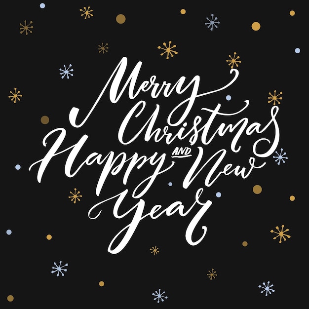 Merry christmas and happy new year calligraphy text on dark vector background with snowflakes. greeting card design with typography.