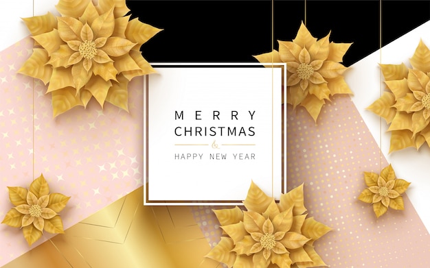 Merry christmas and happy new year card horizontal greeting card with christmas flowers