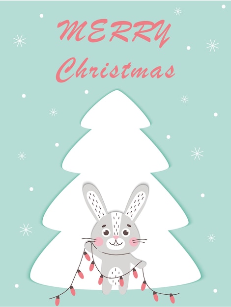 Merry Christmas and Happy New Year card with cute rabbits Hare symbol of 2023 year. Vector