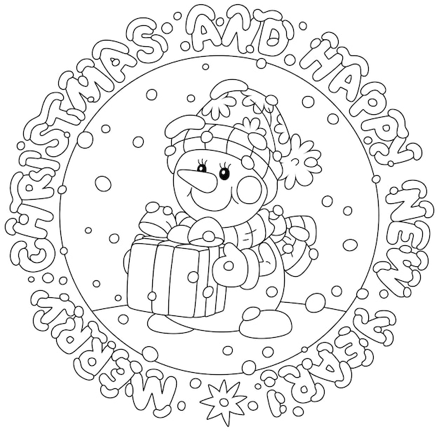 Merry Christmas and happy New Year card with a funny toy snowman holding a holiday gift box