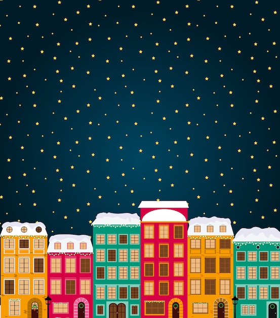 Merry Christmas and Happy New Year Card with Little Town in retro Style.