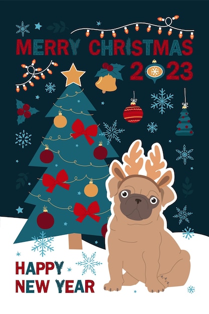 メリー・クリスマスとハッピー・ニューイヤー・カード 冬の異なる要素を持つパグ・ドッグ 可愛い手描きのイラスト