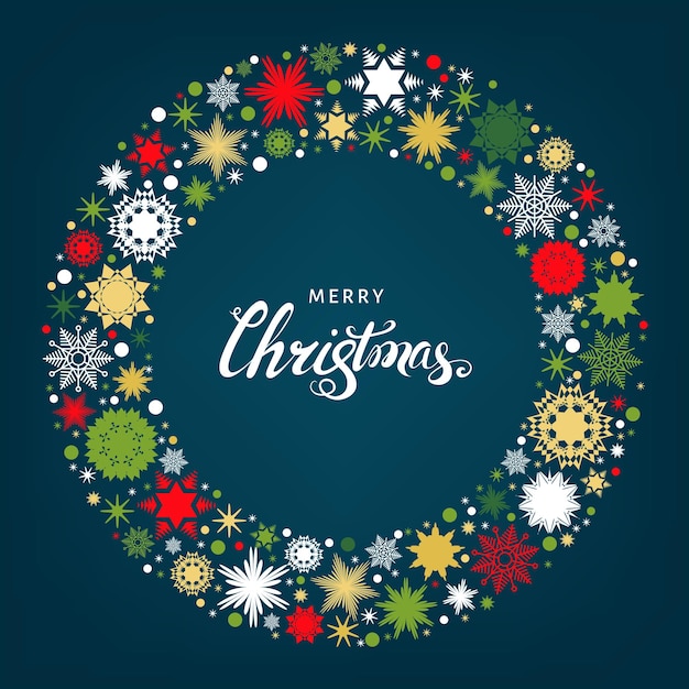 Carta di buon natale e felice anno nuovo con fiocchi di neve rossi, bianchi e oro su sfondo blu. illustrazione piana di vettore.