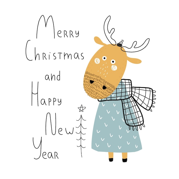 Merry Christmas and happy new year. Cartoon moose, hand drawing lettering, decor elements