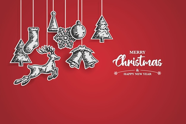 Merry Christmas and Happy New Year Christmas background with drawing sketch and paper cut design