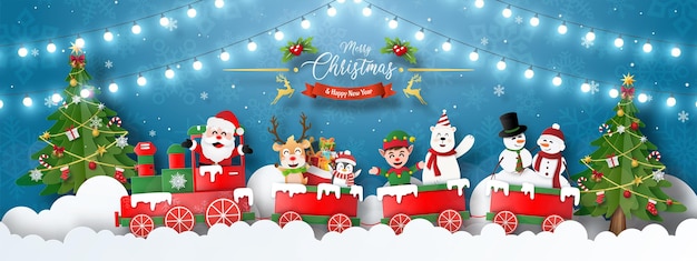 Merry Christmas and Happy New Year, Christmas banner postcard of Christmas party with Santa Claus and friends with Christmas train