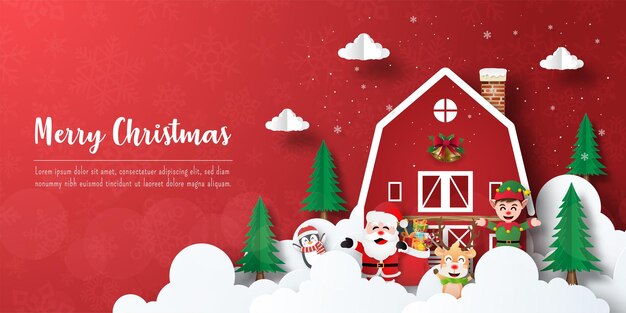 Buon natale e felice anno nuovo, cartolina natalizia di babbo natale e amici con la casa rossa